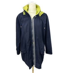 Vtg 90s IZZI SPORT Navy Lime Spring Jacket Full Zip Hooded Coat Oversized Sz S